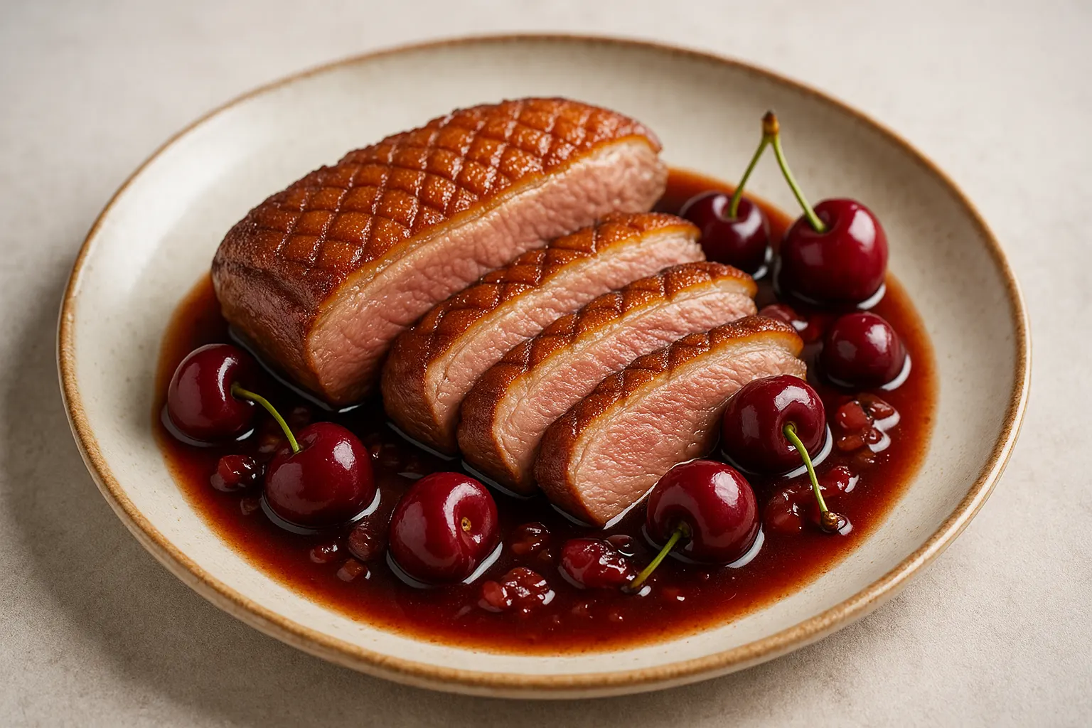 Magret de canard aux cerises, sauce sucrée-acidulée